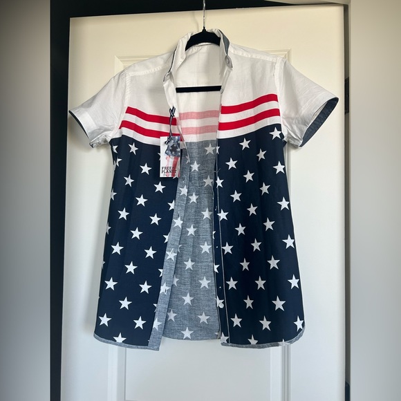 Free Planet  Mens White Button Front Shirt American Flag - Picture 9 of 15